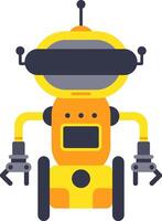 Friendly yellow robot is standing on wheels, with its claws open and an antenna on its head, suggesting advanced technology and playful automation vector