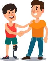Young man with a prosthetic leg shaking hands with a friend, symbolizing support and inclusion while overcoming challenges in both sports and everyday life vector