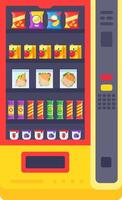 Vending machine filled with a variety of snacks, including chips, juices, sandwiches, chocolate bars, and yogurts, providing a convenient self service option for quick meals and refreshments vector