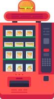 Red vending machine displaying packaged burgers and sandwiches, offering a quick meal or snack option. A cheeseburger sits prominently on top, emphasizing convenience and fast food variety vector