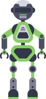 Green and grey robot standing with arms outstretched, featuring a futuristic design with intricate details, evoking themes of artificial intelligence, automation, and technological advancement vector