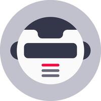 Stylized robot head with digital display and communication indicators represents automated online support, AI assistance, and chatbot technology vector