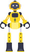 Yellow friendly robot standing with a screen on its chest and black boots, featuring a minimalist flat design style, isolated on a white background for technology projects vector