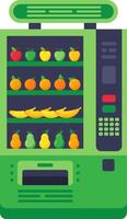 Green vending machine offering various fresh fruits like apples, oranges, bananas, and pears, promoting a healthy lifestyle and convenient access to nutritious snacks vector