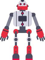 Red and grey robot standing with arms outstretched, showcasing its humanoid design and advanced technology, ready for automation and artificial intelligence tasks vector