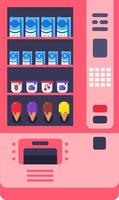 Pink vending machine offering packaged milk boxes, yogurt cups and ice cream cones, representing a convenient way to purchase snacks and refreshments vector