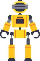 Yellow robot standing still with a visor on its head, robotic arms, and a digital display on its chest, representing advanced technology and artificial intelligence vector
