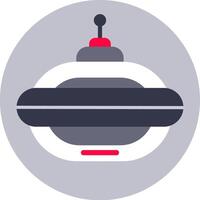 Minimalist illustration featuring a gray and red spaceship soaring within a round gray frame, symbolizing the concepts of space travel and exploration vector