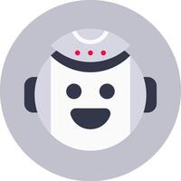 Friendly white robot with dark gray ears and a big smile is inside a gray circle, showing three red dots on its forehead, representing artificial intelligence, technology and innovation vector