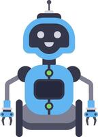Modern blue robot with wheels, grippers and antenna is smiling happily, representing artificial intelligence, automation, and technological advancement vector