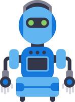 Blue robot standing with glowing green eyes and a screen on its chest, arms extended wide, embodying the concepts of artificial intelligence, automation, and futuristic technology vector