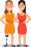 Two cheerful businesswomen standing side by side, one proudly displaying a prosthetic leg, conveying a message of empowerment, inclusion, and overcoming challenges in the workplace vector