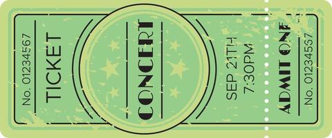 Green concert ticket for september 21th, admit one, with serial number and stars decorating it, showing an old and used style, isolated on white background vector