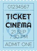 Light blue cinema ticket for a movie showing at 7,30 pm on the 21st of september with a stylized film reel in the background and a serial number on top vector