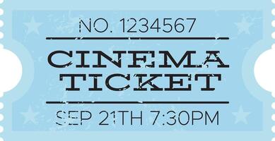 Light blue cinema ticket with time and number printed on it, for a movie show on september 21th at 7,30pm, with a ripped off side and two stars on each side vector