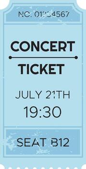 Light blue concert ticket with number, date, time and seat number, isolated on white background, representing entertainment and music events vector