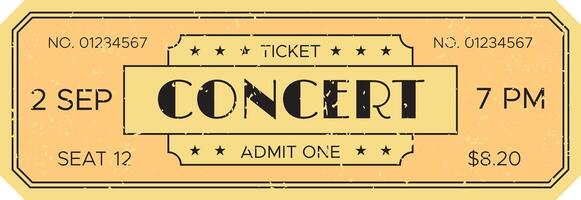 Close up of a vintage style concert ticket showing the date, time, seat number, price, and the word CONCERT in a bold, distressed font, evoking nostalgia for live music events vector