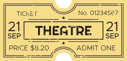 Vintage yellow theatre ticket dated September 21st, priced at 8.20 dollars, featuring number 01234567, granting access for one to an exciting performance vector