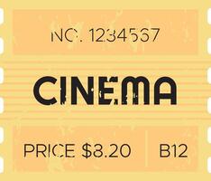 Yellow, vintage cinema ticket displaying price, number, and seat details, featuring a worn grunge texture, evokes nostalgia and invites viewers to relive the enchanting world of film vector