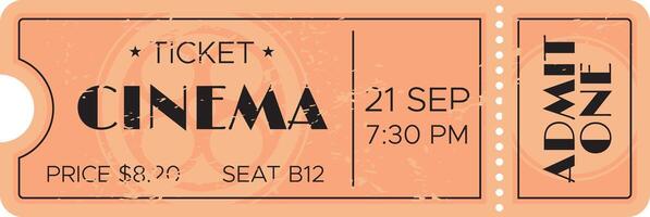 Peach colored cinema ticket featuring a movie showing at 7,30 PM on September 21st, with seat B12 and a price of 8.20, highlighted by the words admit one on the stub vector