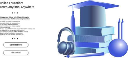 modern representation of online education, showcasing stacked books, a graduation cap, headphones, and stationery items, emphasizing learning from anywhere and anytime vector