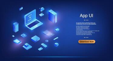 digital workspace showcases a sleek laptop surrounded by various app interface elements. The background is dark, enhancing the glowing effect of the components in blue tones vector