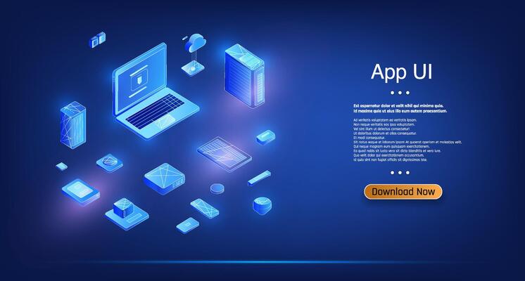 digital workspace showcases a sleek laptop surrounded by various app interface elements. The background is dark, enhancing the glowing effect of the components in blue tones