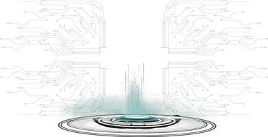 futuristic portal stands at the center, surrounded by glowing digital circuits. This design embodies innovation and advanced technology, reflecting a high-tech atmosphere vector