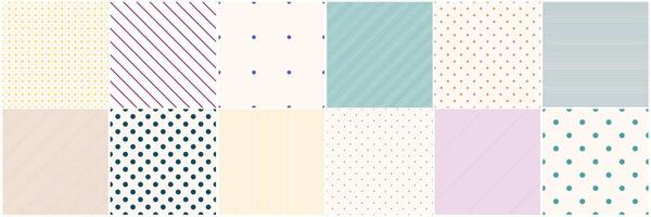 Collection of geometric seamless minimalistic patterns. Simple dotted and striped textures - repeatable delicate backgrounds. Bright color design vector