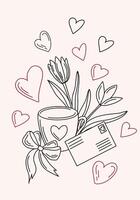 Hand drawn Valentines Day card illustration with tulips, hearts, champagne glasses, letter, cup. romantic elements. Black and red. Sketch style for cards, prints, posters, decor, design vector