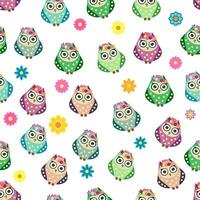 Seamless colorful owl pattern for children with flowers, clouds, branches vector