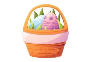 Bright isolated illustration of Easter basket filled with colorful decorated eggs and fresh green grass, adorned with festive bunting. Perfect for holiday design, greeting card, invitations vector