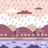 It is raining heavily in the city. Flat style. vector