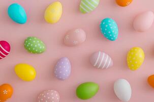 Creative Easter pattern composition made with colorful Easter eggs on light pastel pink background. Minimal Easter concept. Spring festive holiday pattern background. Flat lay, top of view. photo