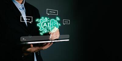 man touch command prompt ai chat. Big data storage computer tech.Digital Artificial Intelligence technology disruption concept. We are implementing storage technology support in the business. photo