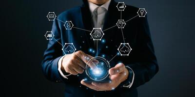 man holding icon cloud computing diagram show on hand. data center storage.cloud tech.secure backup and consistency network and internet service concept.implement storage technology in business photo