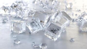 A scattered arrangement of melting ice cubes. photo