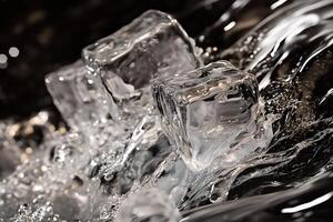 Close-up of three melting ice cubes surrounded by splashing water. photo