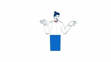 Professional man gesturing with open hands and pointing 2D character doodle animation. Corporate communication cartoon 4K drawing. Businessman explaining animated person on white background video