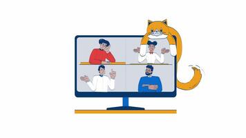 Virtual meeting with playful cat lounging hand drawn 2D object animation. Online conference diverse employees cartoon doodle 4K . Computer monitor animated handdrawn element isolated on white video