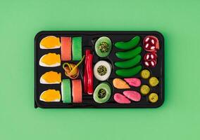 Soft candy mix on pastel green background. Minimal candy sushi concept. Trendy surreal sushi idea. Gummy candies aesthetic. Flat lay, top of view. photo