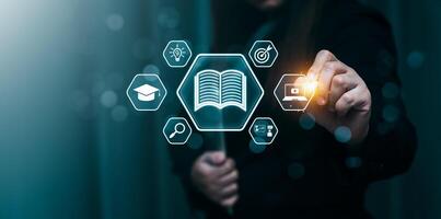 Digital Learning Concept with Virtual Education Icons, Including Online Courses, Tutorials, Research Tools, and Knowledge Sharing, Representing Modern E Learning Technology photo