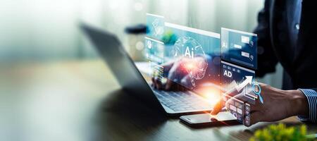Business Professional Analyzing AI, Generated Data and Graphs on Laptop, Leveraging Advanced Technology for Digital Growth and Business Strategy, Digital Network for Business and Future Technology photo
