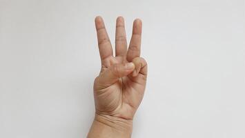 A woman hand showing finger three number. isolated on white background photo