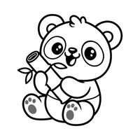 fun cute baby panda hold a bamboo cartoon character isolated drawing line style sketch classic vintage design illustration vector