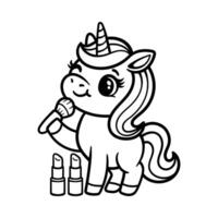 fun cute unicorn doing beauty make up cartoon character isolated drawing line style sketch classic vintage design illustration vector