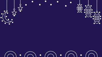 One line ramadan theme horizontal background. Dark blue Ramadan banner with outline of lanterns, moon and stars. Place for text. illustration in flat design style vector