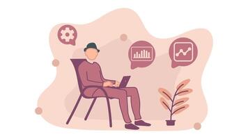 A man is sitting in a chair and playing on a laptop, doing assignments and work. illustration in flat design style vector