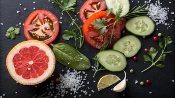 Fresh sliced vegetables and grapefruit on dark background. photo