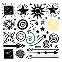 A collection of doodle stars and arrows and other supporting elements manually drawn on a white background vector